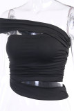 Black One word collar Sleeveless Patchwork Solid backless Draped Tops