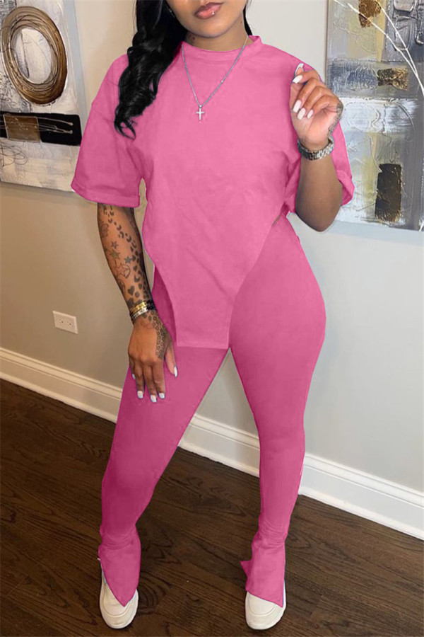 Pink Fashion Casual Solid Slit Asymmetrical O Neck Short Sleeve Two Pieces