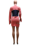 Pink Lightly cooked One Shoulder Long Sleeves O neck Step Skirt Mini Patchwork hole Dresses