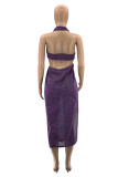 Blue Fashion Sexy Solid Hollowed Out Backless Slit Halter Sleeveless Dress