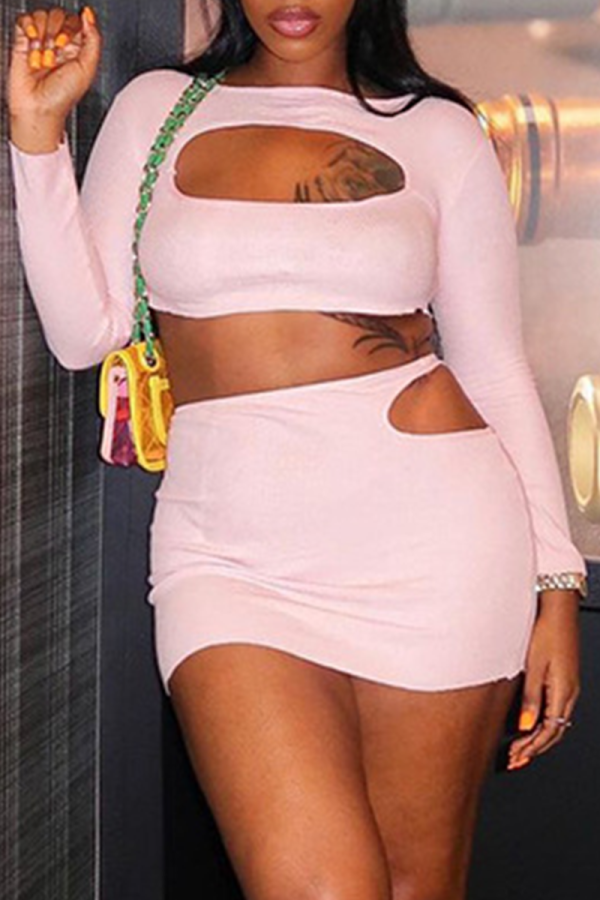 Pink Sexy Solid Hollowed Out O Neck Long Sleeve Two Pieces