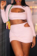 Pink Sexy Solid Hollowed Out O Neck Long Sleeve Two Pieces