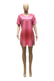 Rose Red Fashion Casual Solid Slit V Neck Short Sleeve Two Pieces