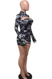 Black street Print letter Backless Hollow Blend Long Sleeve Turtleneck Rompers