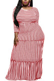 Red Fashion Sexy adult Ma'am O Neck Striped Patchwork Stitching Plus Size