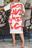 White Fashion Casual Letter Print Basic O Neck Dresses