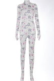 Pink Fashion Print Tie-dye O Neck Regular Jumpsuits
