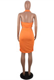 Orange Sexy Casual Solid Hollowed Out Backless Halter Sleeveless Two Pieces