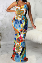 multicolor Polyester Fashion Sexy adult Ma'am Tank Sleeveless Slip Asymmetrical Floor-Length Print Dresses