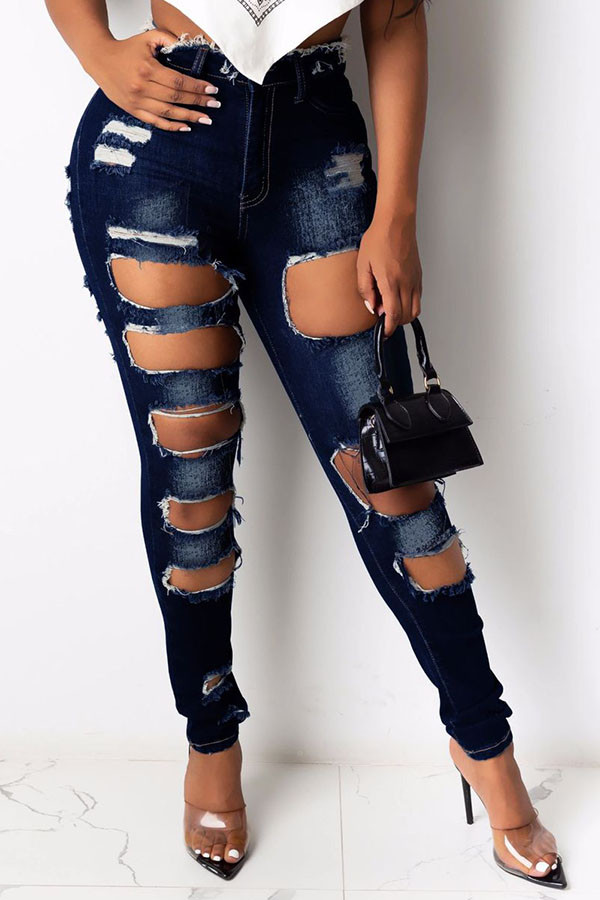 Dark Blue Fashion Casual Street Solid Ripped Make Old Buttons Pants High Waist Skinny Denim