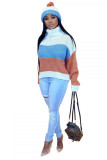 Red knitting Turtleneck Long Sleeve Patchwork Striped Solid 