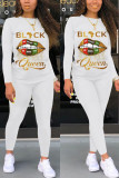 Red Fashion Casual Letter Lips Printed Basic O Neck Long Sleeve Two Pieces