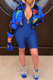 Blue Fashion Casual Solid Basic Zipper Collar Skinny Romper