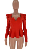 Red Polyester V Neck Long Sleeve asymmetrical Patchwork Solid Long Sleeve Tops