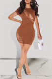 Camel Fashion Sexy Solid Hollowed Out O Neck Short Sleeve Dress