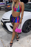 Colour Fashion Sexy Print Backless Halter Sleeveless Two Pieces