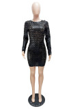 Color Blue Sexy Solid Hollowed Out Patchwork O Neck Pencil Skirt Dresses