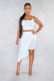 White Sexy Fashion Slim fit Two Piece Suits asymmetrical Solid perspective Regular Sleeveless T