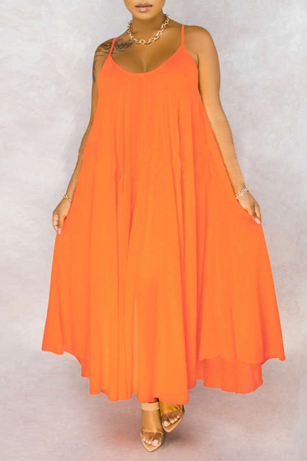 Orange Sexy Casual Solid Backless Spaghetti Strap Sleeveless Dress