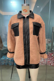 Khaki Casual Solid Patchwork Turndown Collar Outerwear