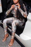 Multicolor Fashion Sexy Print See-through O Neck Long Sleeve Two Pieces