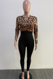 Leopard print Fashion Street Adult Twilled Satin Patchwork Solid Split Joint O Neck Skinny Jumpsuits