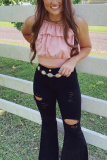 Black Casual Patchwork Ripped Skinny Small Elastic High Waist Speaker Bottoms