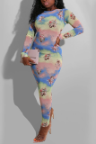 Light Blue Sexy Print Patchwork O Neck Pencil Skirt Dresses