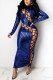 Blue Sexy Solid Hollowed Out Sequins Split Joint Frenulum O Neck Pencil Skirt Dresses