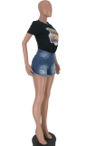 White O Neck Short Sleeve Print Patchwork 