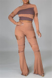 Purplish Red Fashion Casual Patchwork Ripped O Neck Long Sleeve Two Pieces