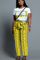 Yellow Polyester Casual Print Straight Short Sleeve Two-piece Pants Set