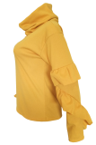 Yellow Casual Solid Patchwork Turtleneck Tops