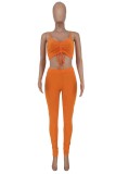 Orange Sexy Casual Solid Hollowed Out Backless Spaghetti Strap Sleeveless Two Pieces