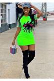 Green Polyester Fashion Sexy Cap Sleeve Short Sleeves O neck Slim Dress Mini Fluorescent Patchwork Solid