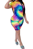 colour Fashion Casual adult Ma'am Print Gradient Two Piece Suits pencil Short Sleeve Two Pieces