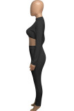 Black Fashion Street SportswearSolid Pullovers Half A Turtleneck Two Pieces