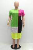 Multi-color Polyester Fashion Casual Cap Sleeve Short Sleeves O neck Step Skirt Ankle-Length asymmetrical Mesh p