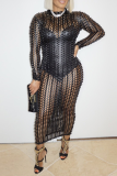 Blue Sexy Patchwork See-through Half A Turtleneck Pencil Skirt Dresses