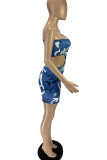 Blue Fashion Sexy Print Hollowed Out Backless One Shoulder Long Sleeve Dresses