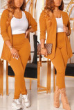 Orange Fashion Casual Solid Cardigan Pants Long Sleeve Two Pieces