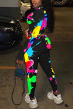 Multicolor Sexy Print Split Joint O Neck Long Sleeve Two Pieces