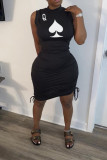 Black Sexy Sleeveless Turtleneck Step Skirt Knee-Length Print Dresses