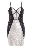 White Fashion Sexy Spaghetti Strap Sleeveless Slip Slim Dress Mini Sequin Patchwork Club Dresses