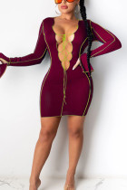 Wine Red Sexy Polyester Solid Split Joint V Neck Long Sleeve Long Sleeve Dress Dresses