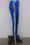 Blue PU Zipper Fly Mid Tassel Solid Zippered Skinny Pants Pants