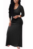 Black Polyester Fashion adult Ma'am Sweet Cap Sleeve 3/4 Length Sleeves Square Swagger Floor-Length Solid Draped Dresses