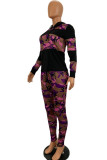 Pink venetian Fashion Active adult Ma'am Patchwork Print Two Piece Suits pencil Long Sleeve Two Pieces