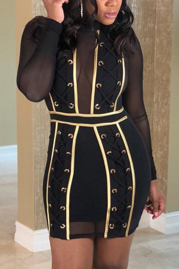 Black Fashion Sexy Patchwork See-through O Neck Long Sleeve Dress