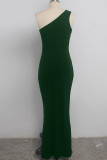Green Polyester Sexy One Shoulder Sleeveless one shoulder collar Step Skirt Floor-Length Solid Patchwork
